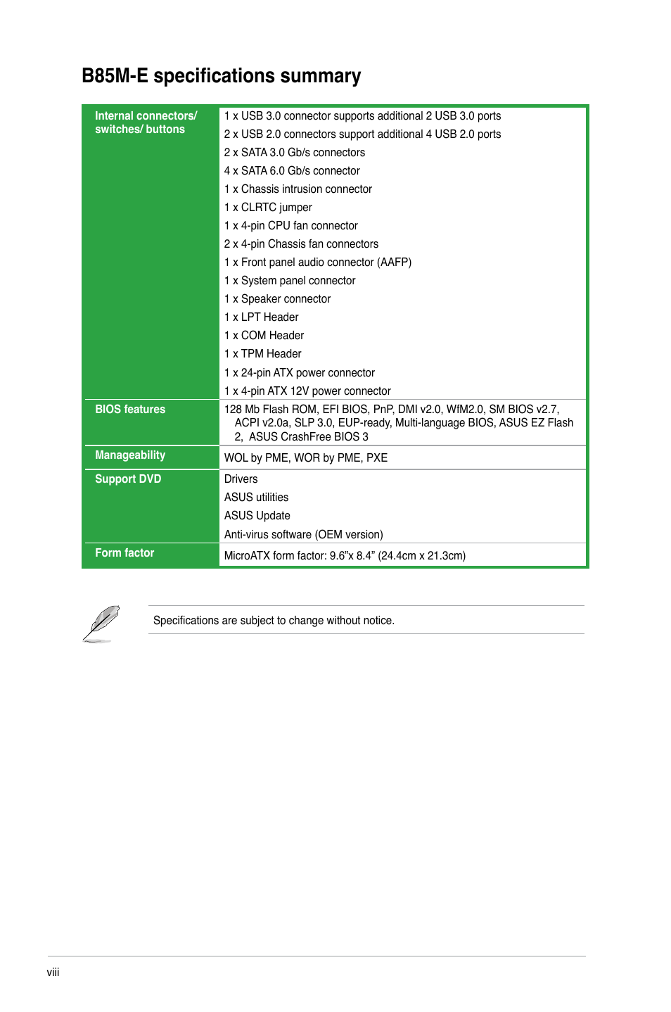 B85m-e specifications summary | Asus B85M-E/BR User Manual | Page 8 / 75