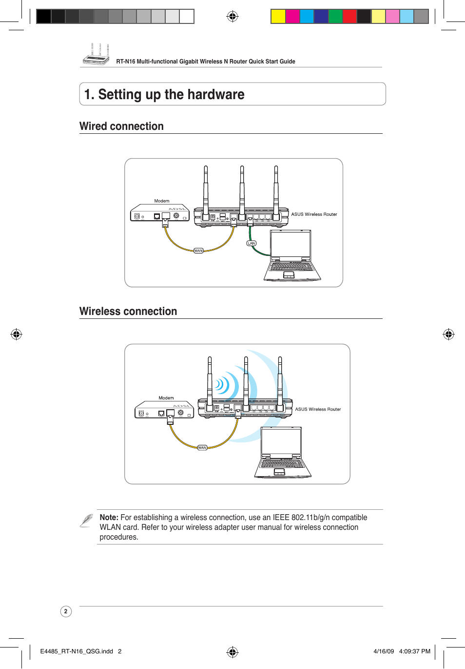 Setting up the hardware, Wired connection wireless connection | Asus RT-N16 User Manual | Page 2 / 12