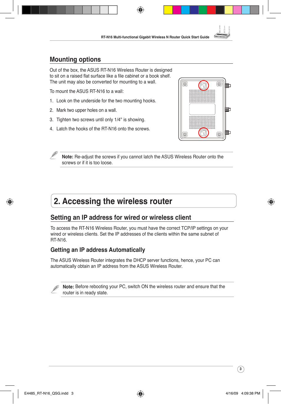 Accessing the wireless router, Mounting options, Setting an ip address for wired or wireless client | Asus RT-N16 User Manual | Page 3 / 12