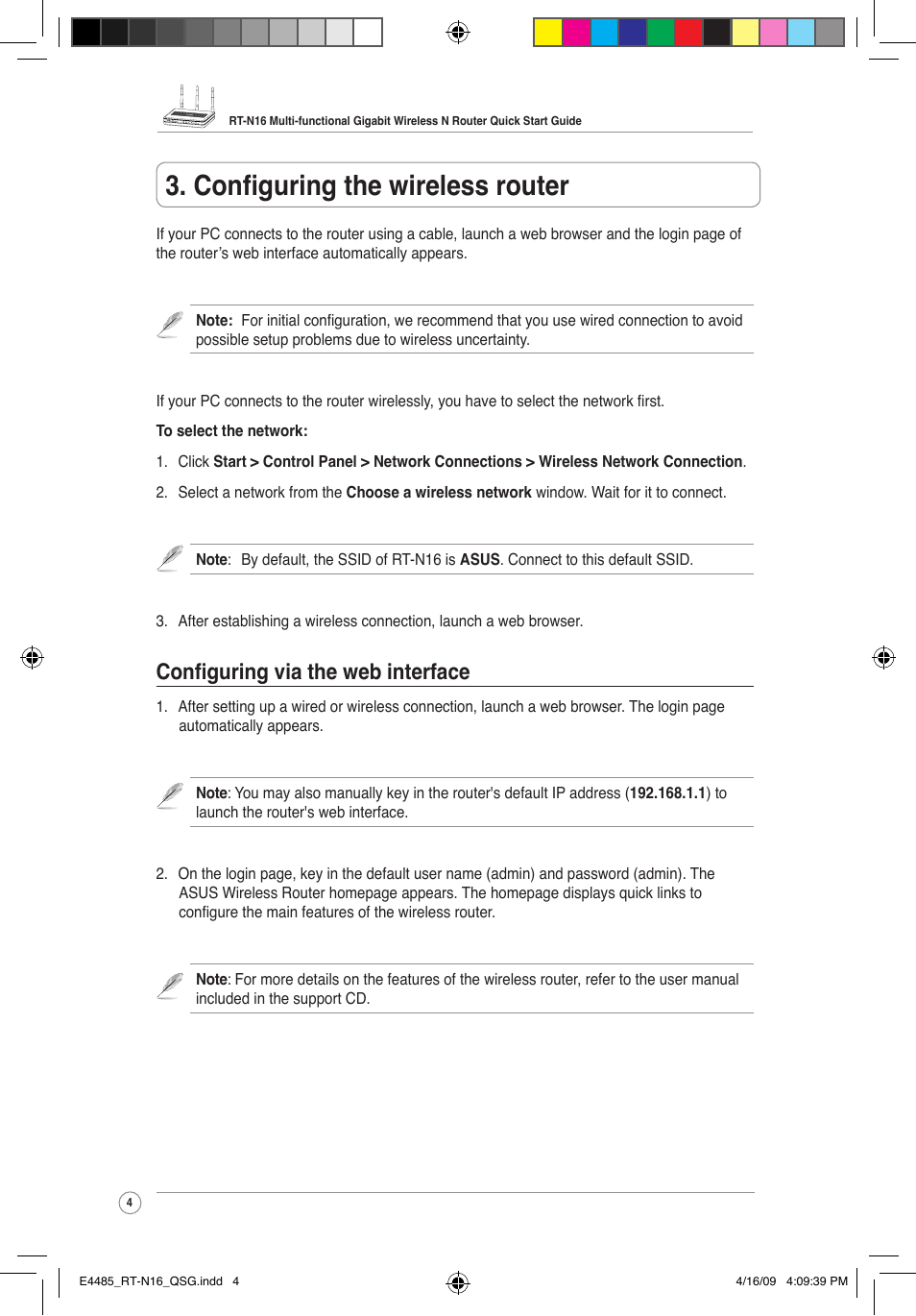 Configuring the wireless router, Configuring via the web interface | Asus RT-N16 User Manual | Page 4 / 12