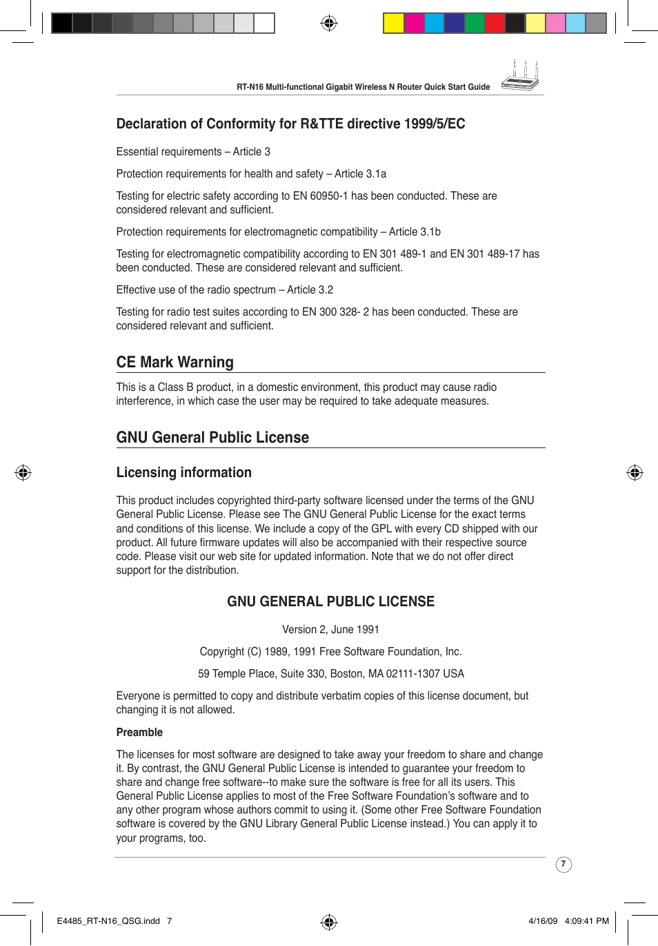 Ce mark warning, Gnu general public license, Licensing information | Asus RT-N16 User Manual | Page 7 / 12