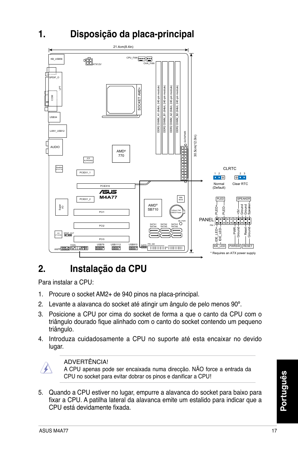 Disposição da placa-principal 2. instalação da cpu, Português, Panel | Asus M4A77 User Manual | Page 17 / 41