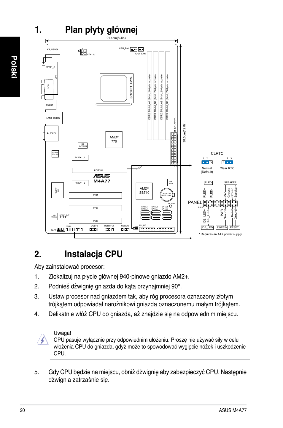 Instalacja cpu, Plan płyty głównej, Polski | Asus M4A77 User Manual | Page 20 / 41