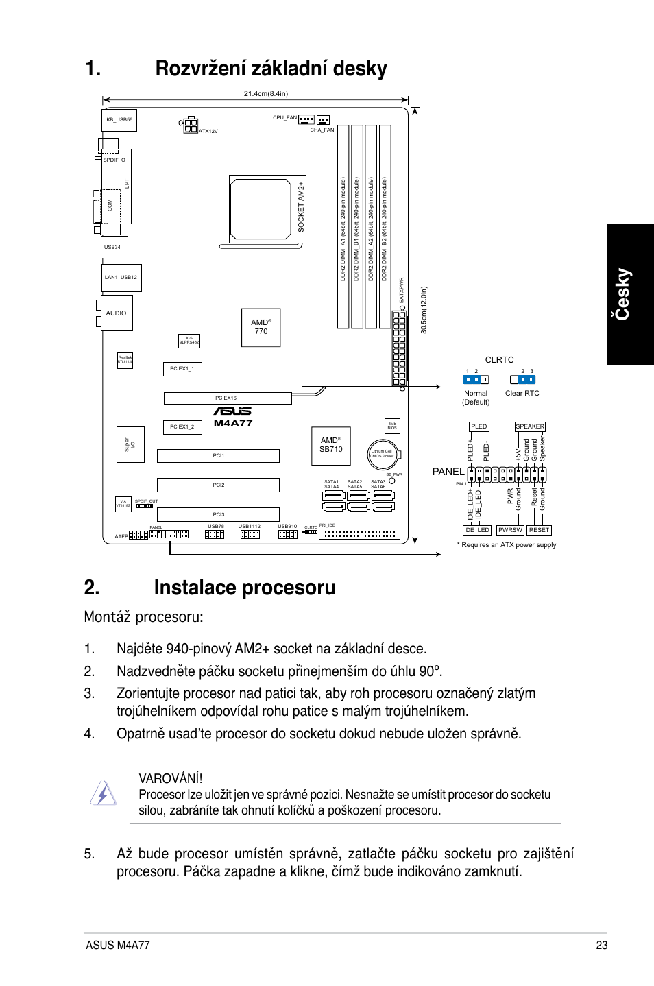 Instalace procesoru, Rozvržení základní desky, Česky | Asus m4a77 2, Panel | Asus M4A77 User Manual | Page 23 / 41