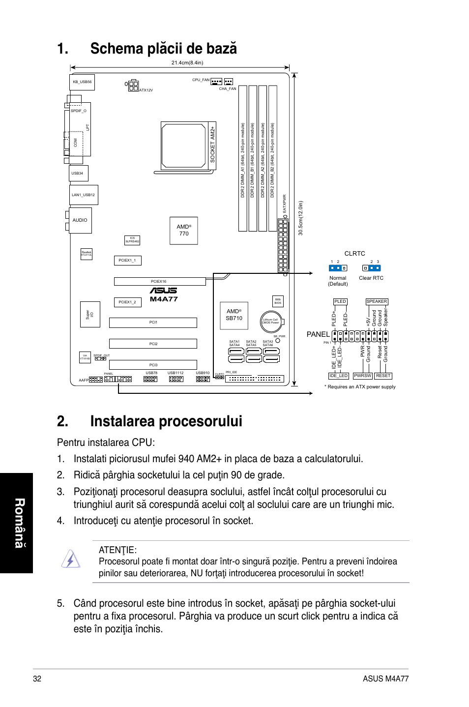 Schema plăcii de bază 2. instalarea procesorului, Română, 2 asus m4a77 | Panel | Asus M4A77 User Manual | Page 32 / 41