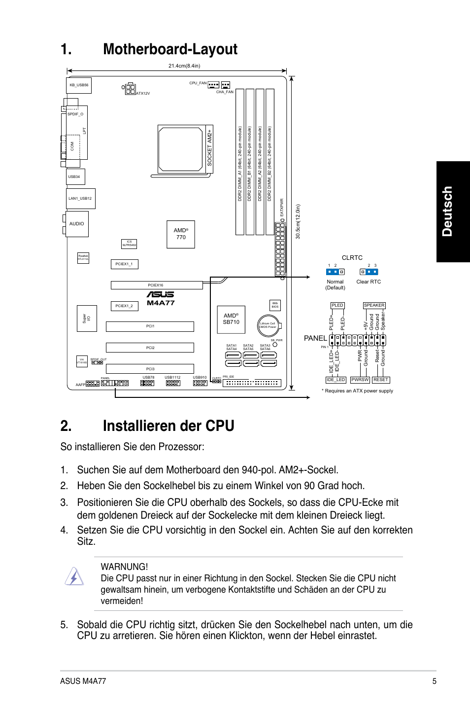 Motherboard-layout 2. installieren der cpu, Deutsch, Asus m4a77 | Panel | Asus M4A77 User Manual | Page 5 / 41