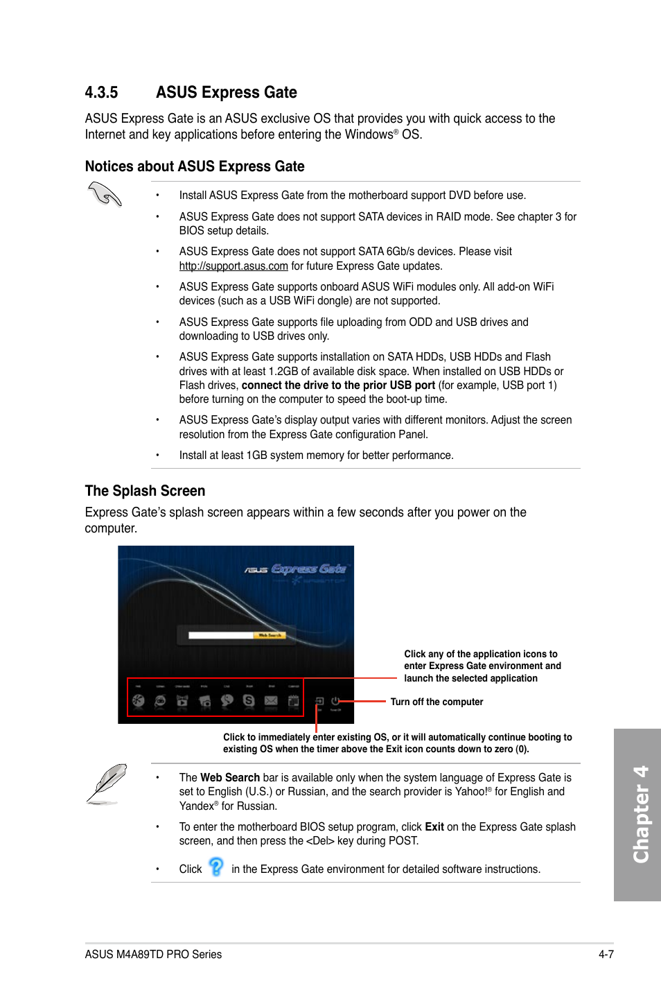 Chapter 4, 5 asus express gate, Notices about asus express gate | The splash screen | Asus M4A89TD PRO/USB3 User Manual | Page 101 / 120