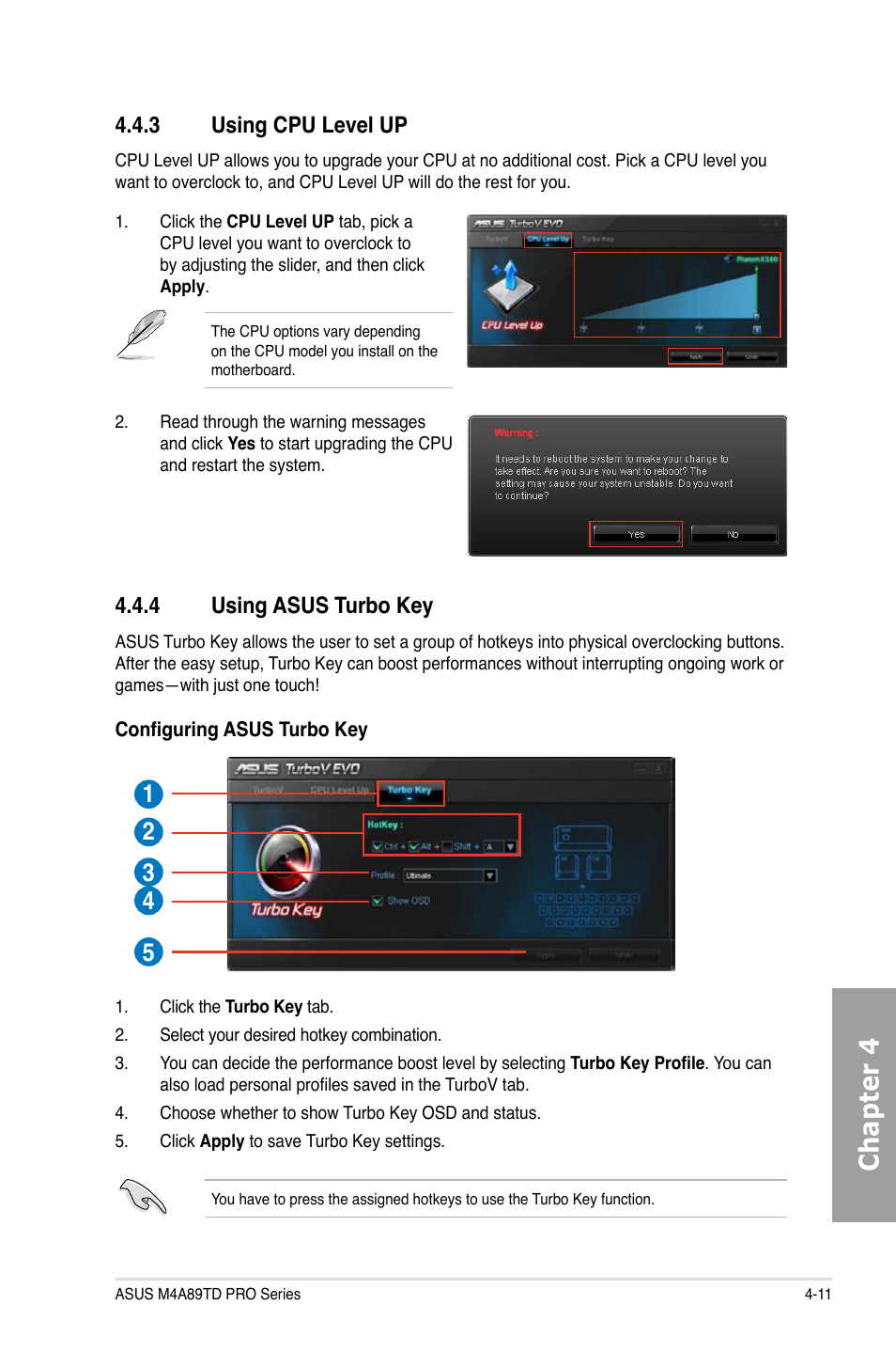 Chapter 4, 3 using cpu level up, 4 using asus turbo key | Asus M4A89TD PRO/USB3 User Manual | Page 105 / 120