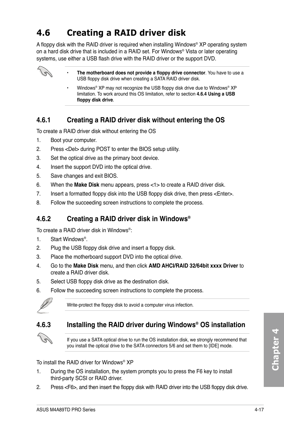 Chapter 4 4.6 creating a raid driver disk, 2 creating a raid driver disk in windows, 3 installing the raid driver during windows | Os installation | Asus M4A89TD PRO/USB3 User Manual | Page 111 / 120