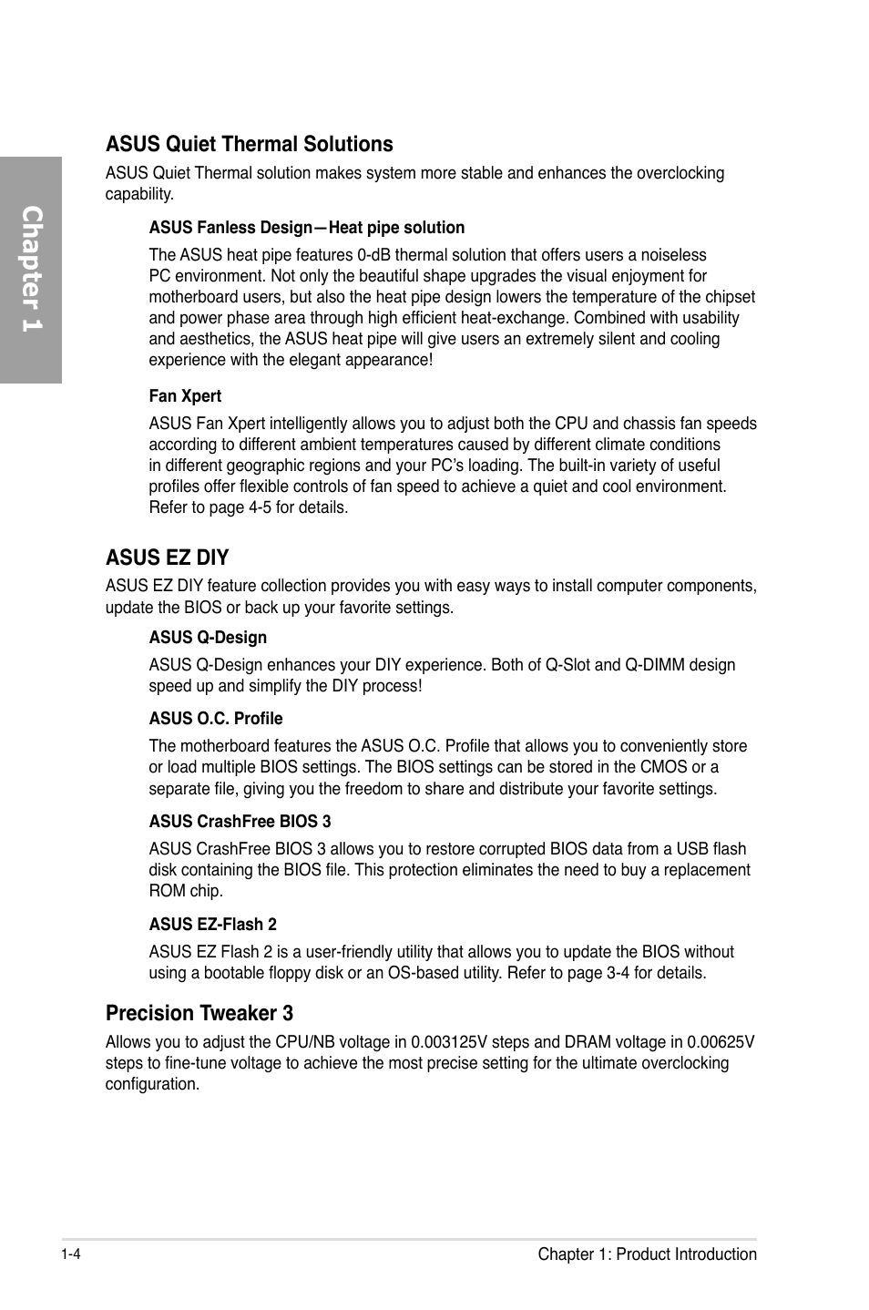 Chapter 1, Asus quiet thermal solutions, Asus ez diy | Precision tweaker 3 | Asus M4A89TD PRO/USB3 User Manual | Page 18 / 120