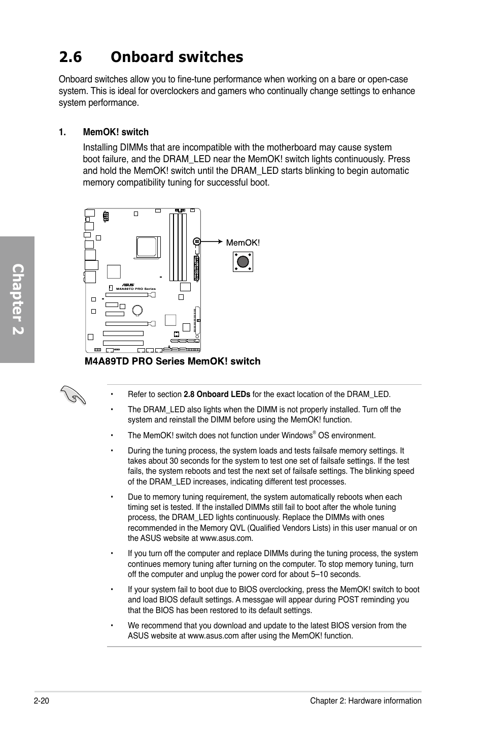 Chapter 2 2.6 onboard switches | Asus M4A89TD PRO/USB3 User Manual | Page 38 / 120