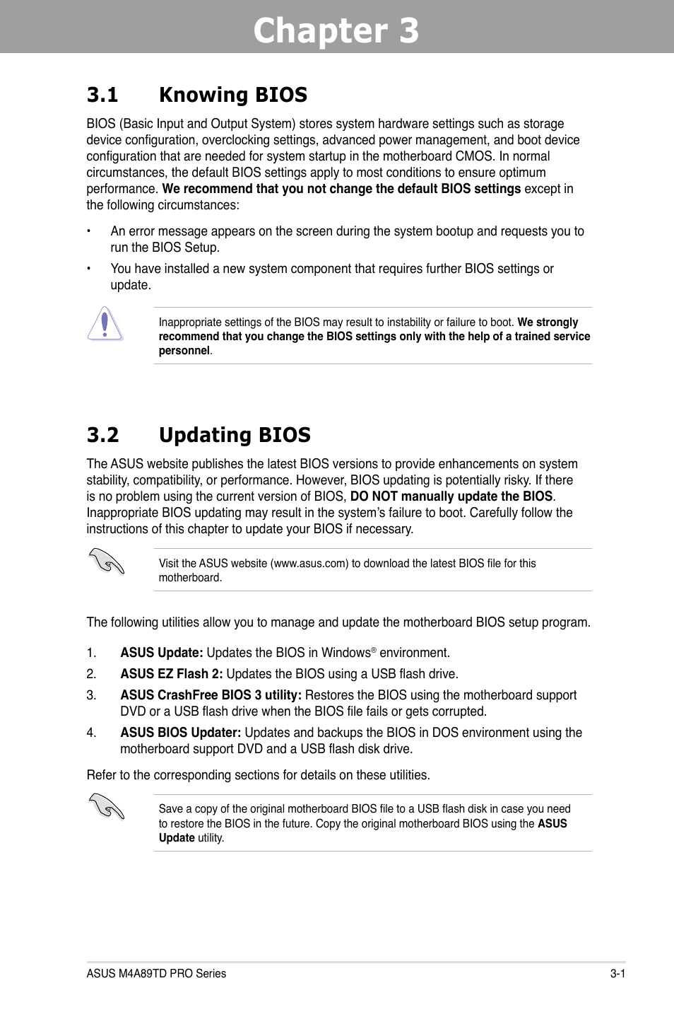 Chapter 3, Chapter 3 3.1 knowing bios, 2 updating bios | Asus M4A89TD PRO/USB3 User Manual | Page 57 / 120