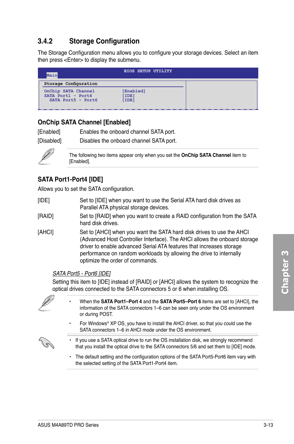 Chapter 3, 2 storage configuration, Onchip sata channel [enabled | Sata port1-port4 [ide | Asus M4A89TD PRO/USB3 User Manual | Page 69 / 120