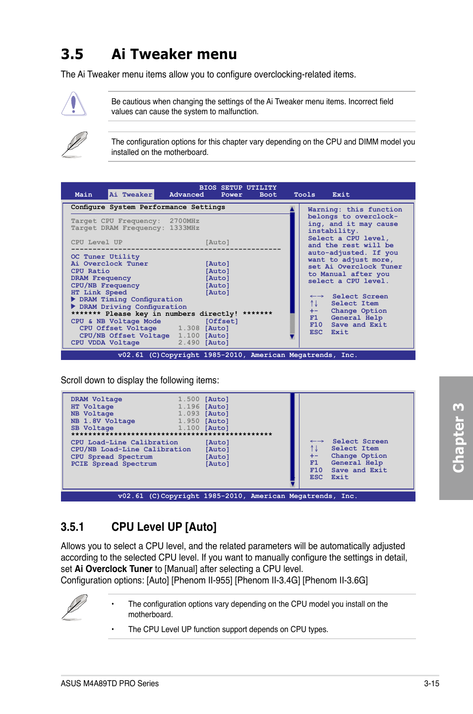 Chapter 3 3.5 ai tweaker menu, 1 cpu level up [auto, Scroll down to display the following items | Asus M4A89TD PRO/USB3 User Manual | Page 71 / 120