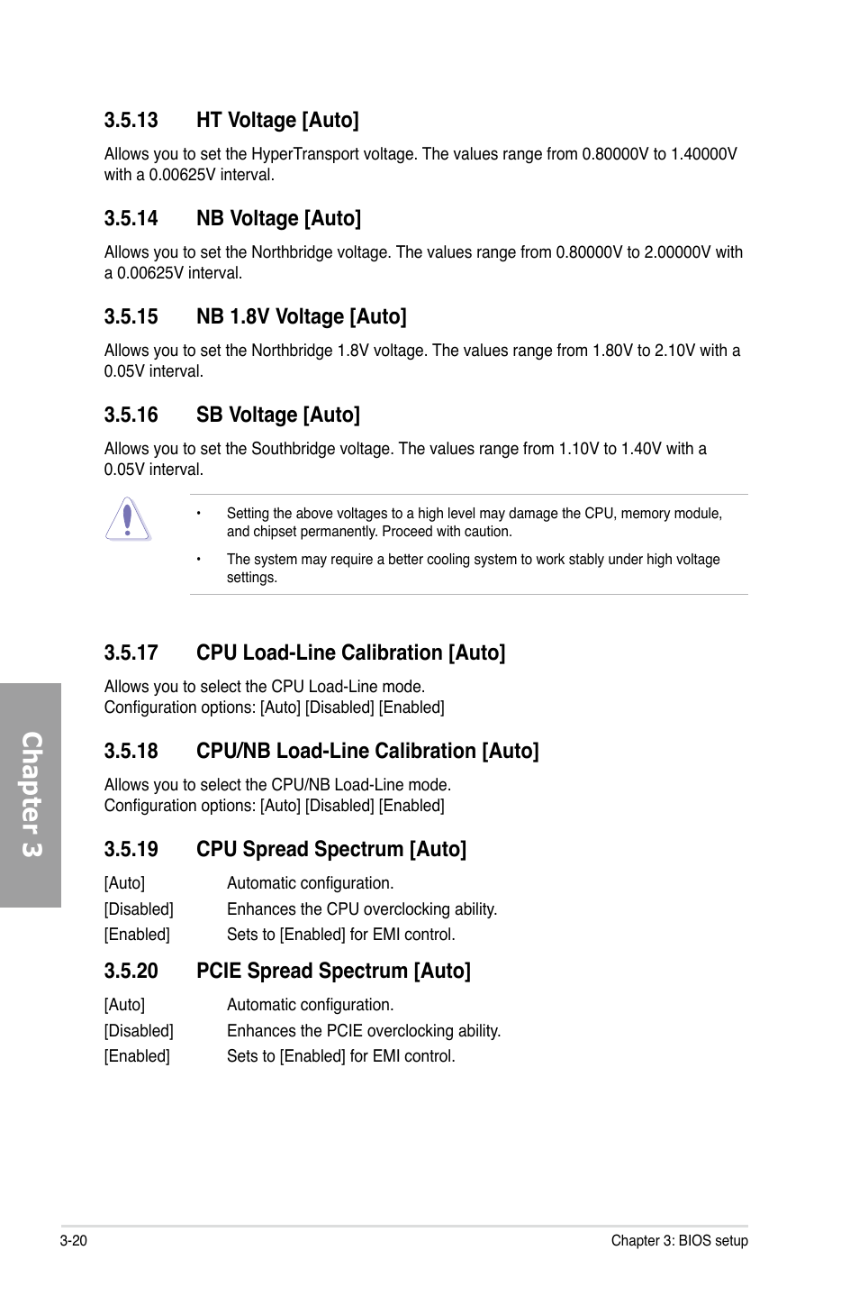 Chapter 3, 17 cpu load-line calibration [auto, 18 cpu/nb load-line calibration [auto | 19 cpu spread spectrum [auto, 20 pcie spread spectrum [auto, 13 ht voltage [auto, 14 nb voltage [auto, 15 nb 1.8v voltage [auto, 16 sb voltage [auto | Asus M4A89TD PRO/USB3 User Manual | Page 76 / 120