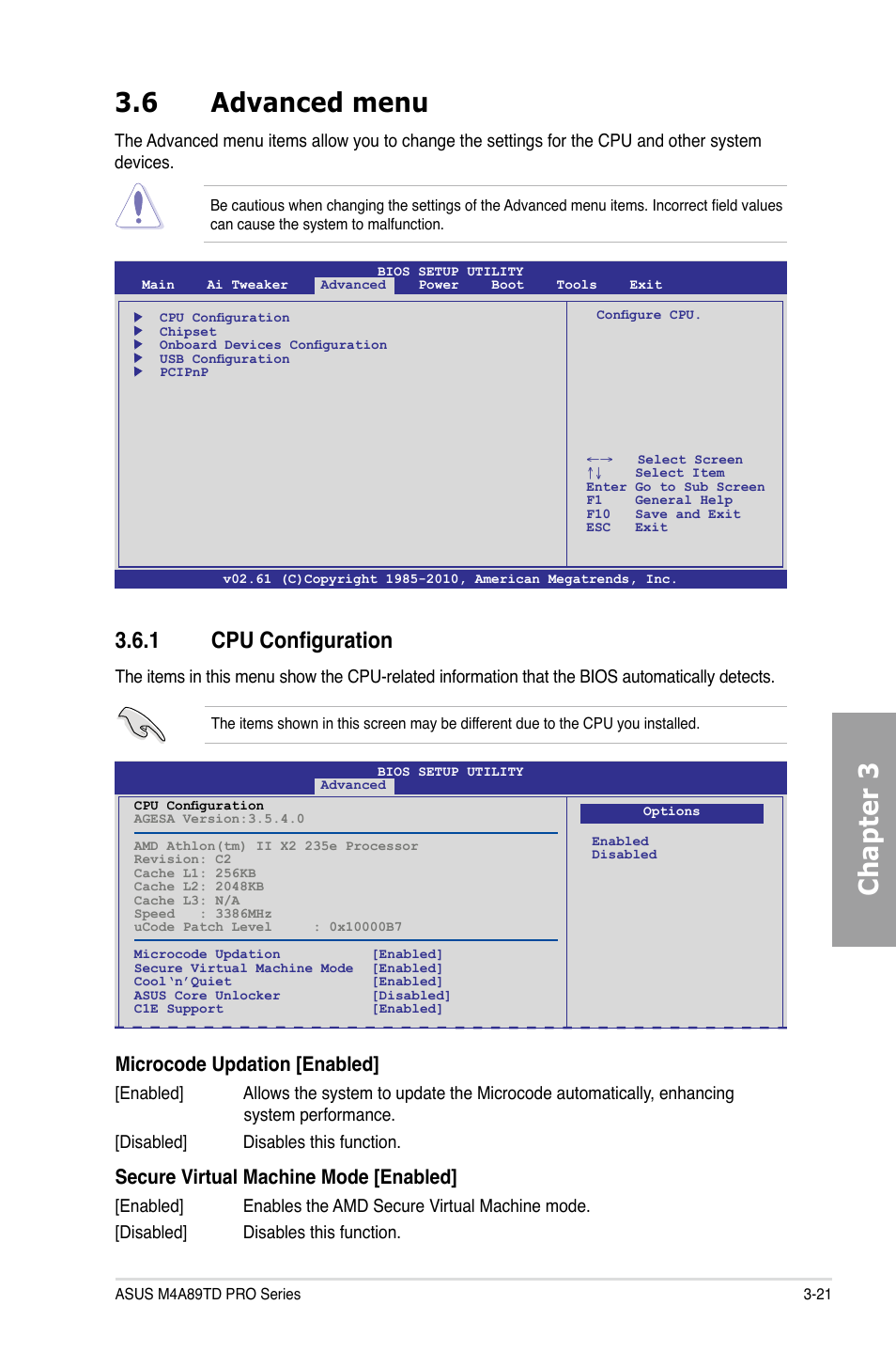 Chapter 3, 6 advanced menu, 1 cpu configuration | Microcode updation [enabled, Secure virtual machine mode [enabled | Asus M4A89TD PRO/USB3 User Manual | Page 77 / 120