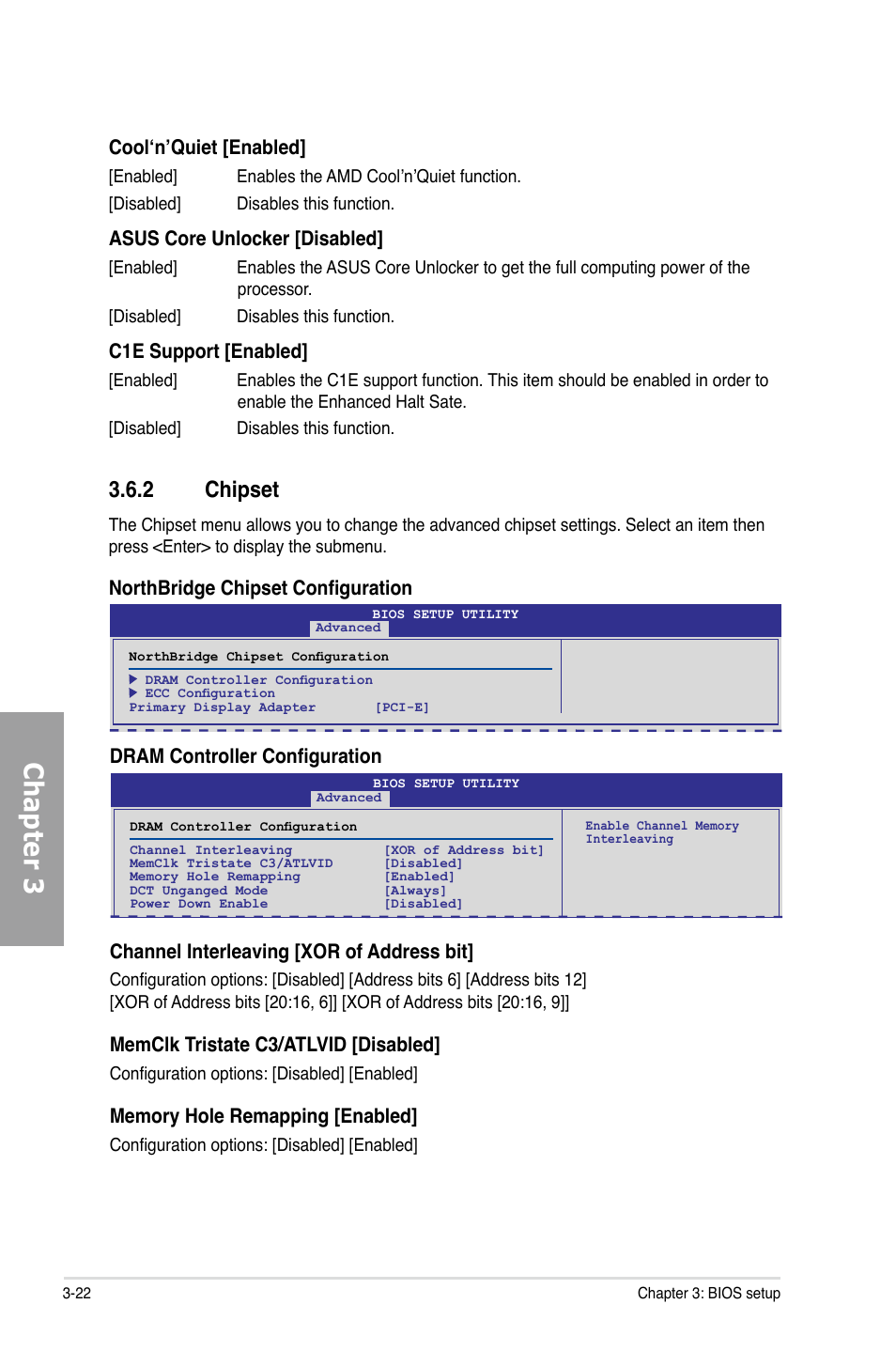 Chapter 3, 2 chipset, Cool‘n’quiet [enabled | Asus core unlocker [disabled, C1e support [enabled, Northbridge chipset configuration, Dram controller configuration, Channel interleaving [xor of address bit, Memclk tristate c3/atlvid [disabled | Asus M4A89TD PRO/USB3 User Manual | Page 78 / 120