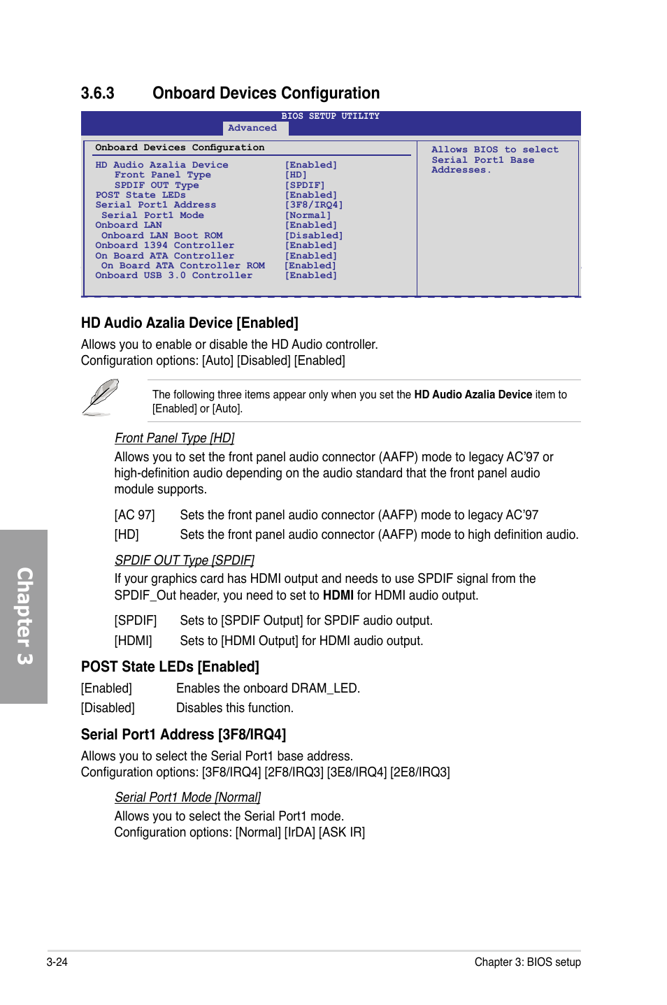 Chapter 3, 3 onboard devices configuration, Hd audio azalia device [enabled | Post state leds [enabled, Serial port1 address [3f8/irq4 | Asus M4A89TD PRO/USB3 User Manual | Page 80 / 120