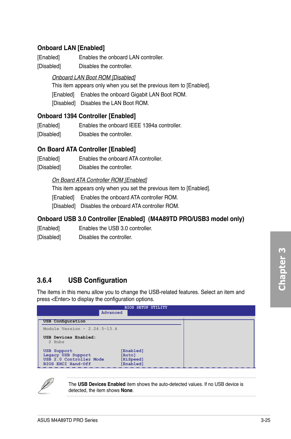 Chapter 3, 4 usb configuration, Onboard lan [enabled | Onboard 1394 controller [enabled, On board ata controller [enabled | Asus M4A89TD PRO/USB3 User Manual | Page 81 / 120