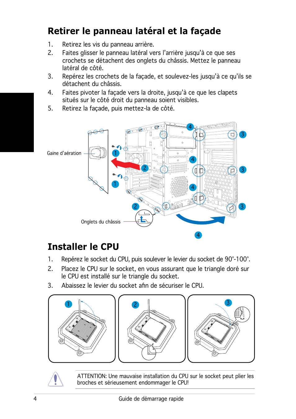 Retirer le panneau latéral et la façade, Installer le cpu, Français | Asus V2-AH2 User Manual | Page 12 / 80