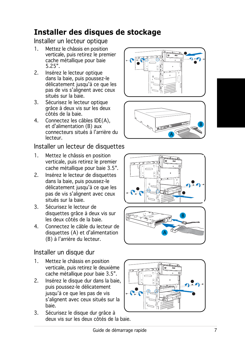 Installer des disques de stockage, Français, Installer un lecteur optique | Installer un lecteur de disquettes, Installer un disque dur | Asus V2-AH2 User Manual | Page 15 / 80