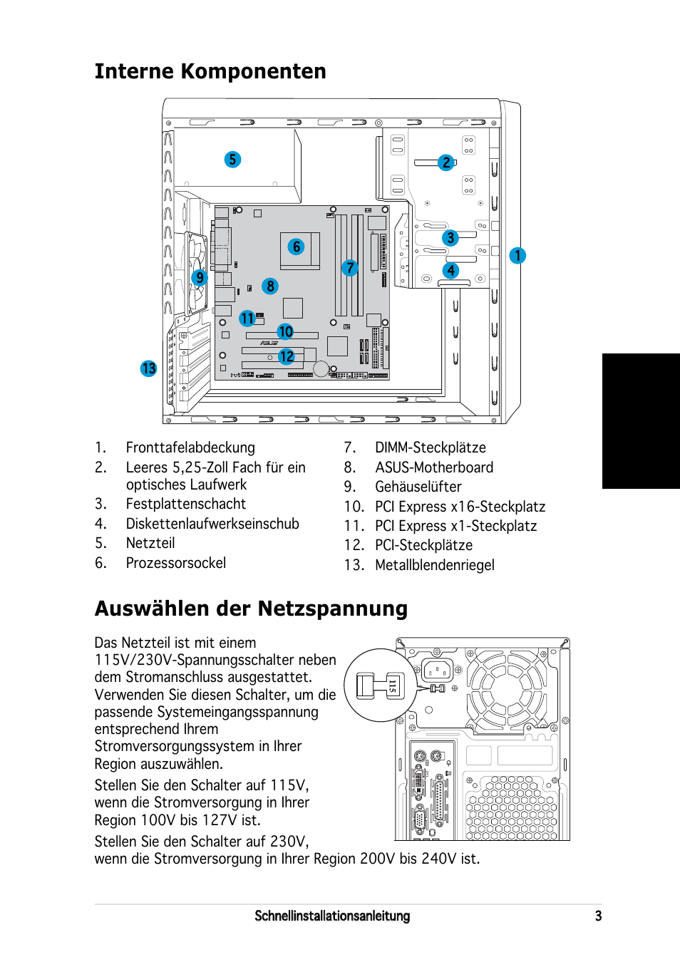 Interne komponenten, Auswählen der netzspannung, Deutsch | Asus V2-AH2 User Manual | Page 19 / 80