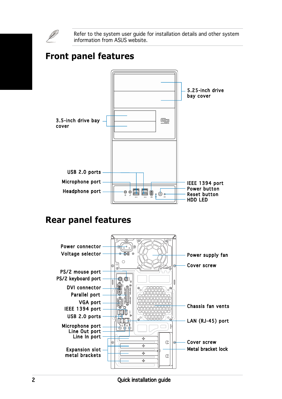 Rear panel features front panel features, English | Asus V2-AH2 User Manual | Page 2 / 80