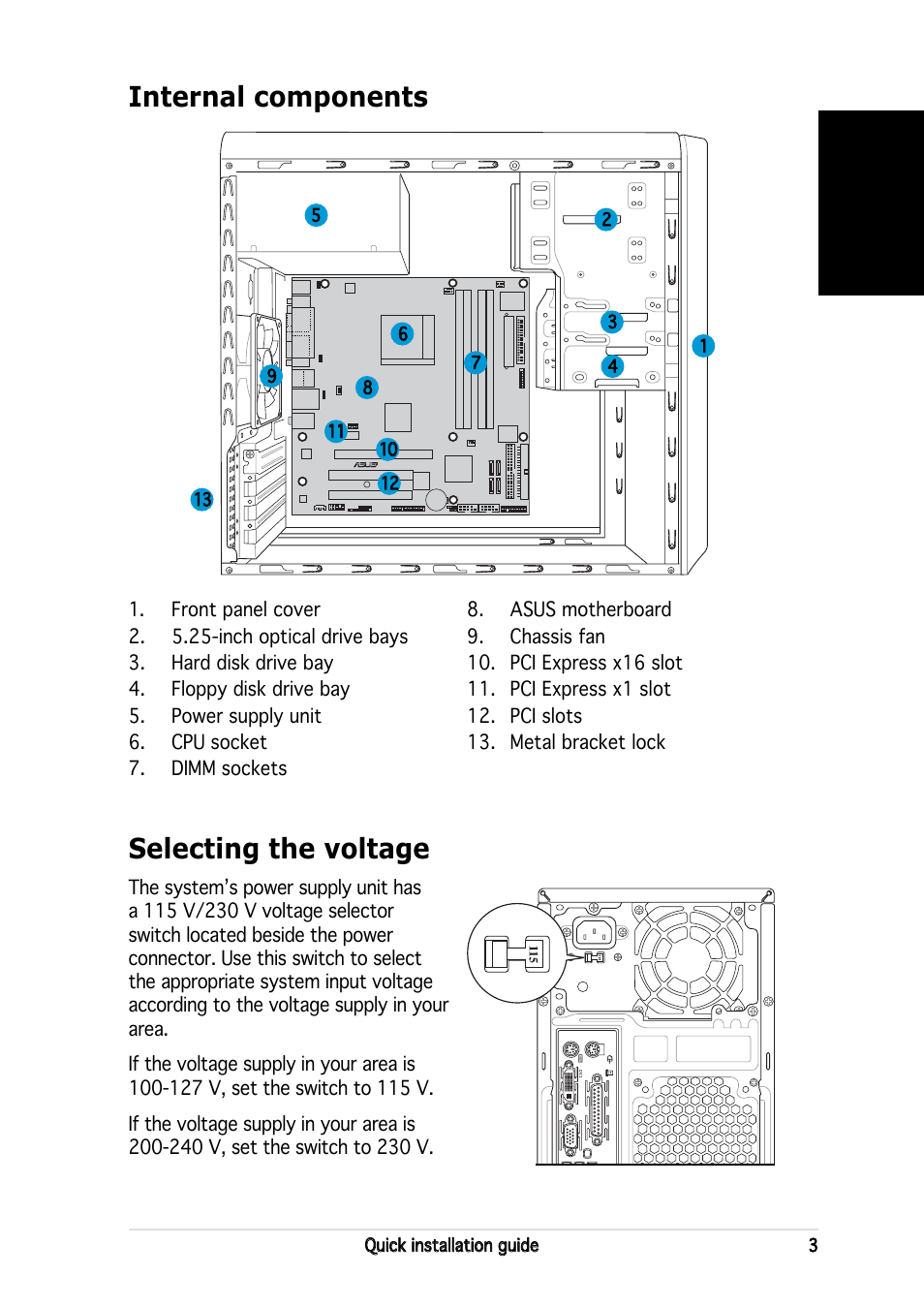 Internal components, Selecting the voltage, English | Asus V2-AH2 User Manual | Page 3 / 80