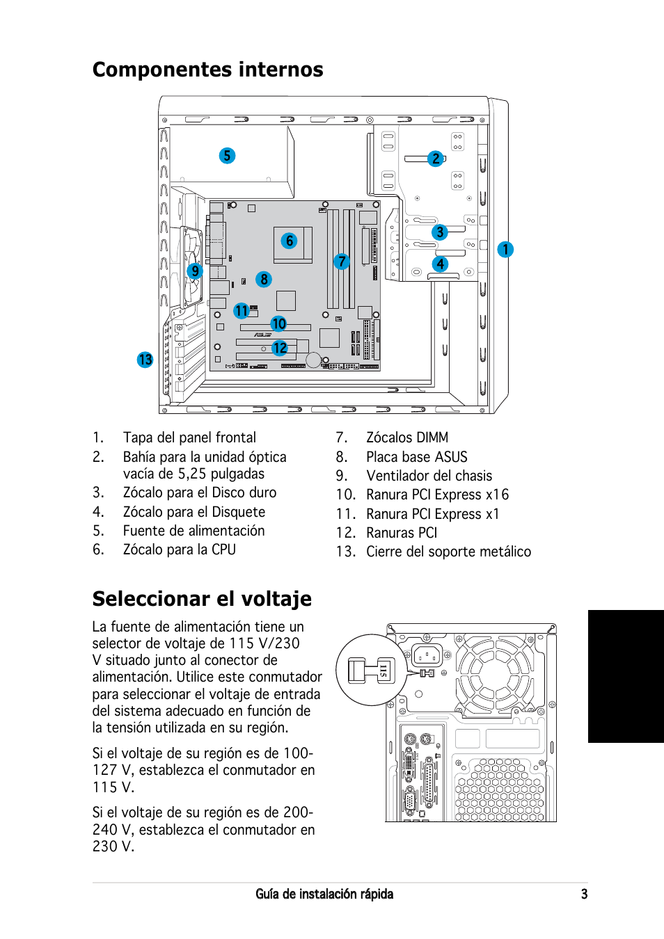 Componentes internos, Seleccionar el voltaje, Español | Asus V2-AH2 User Manual | Page 35 / 80