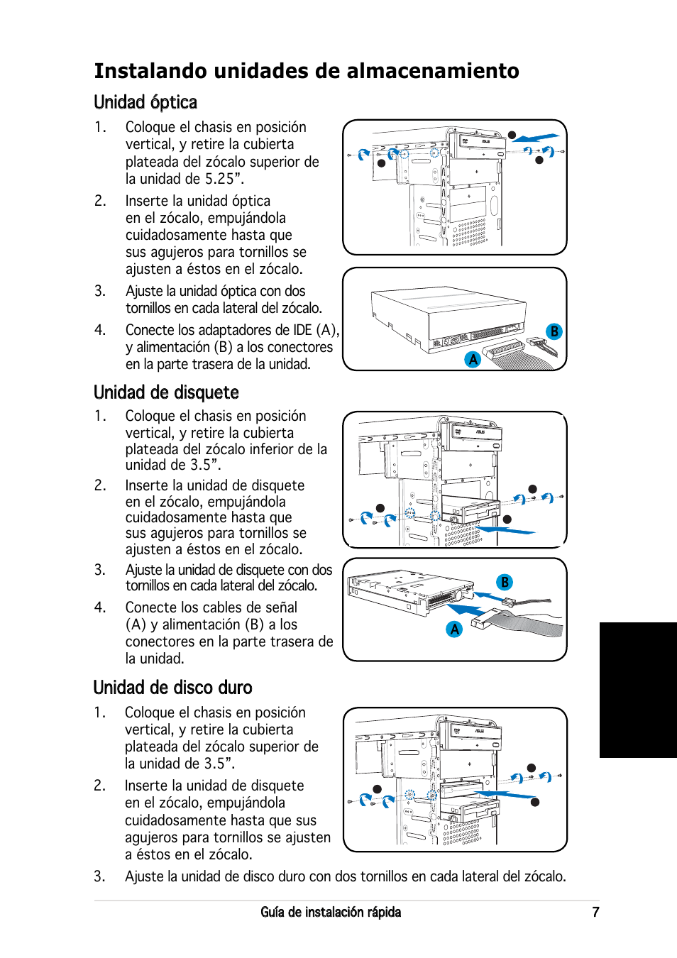 Instalando unidades de almacenamiento, Español, Unidad óptica | Unidad de disquete, Unidad de disco duro | Asus V2-AH2 User Manual | Page 39 / 80