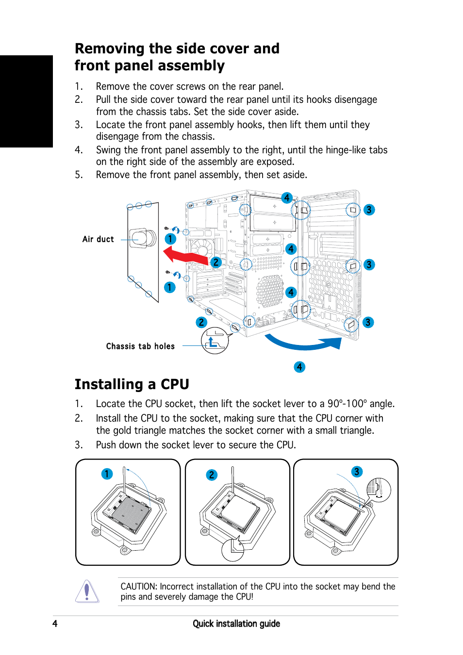 Removing the side cover and front panel assembly, Installing a cpu, English | Asus V2-AH2 User Manual | Page 4 / 80