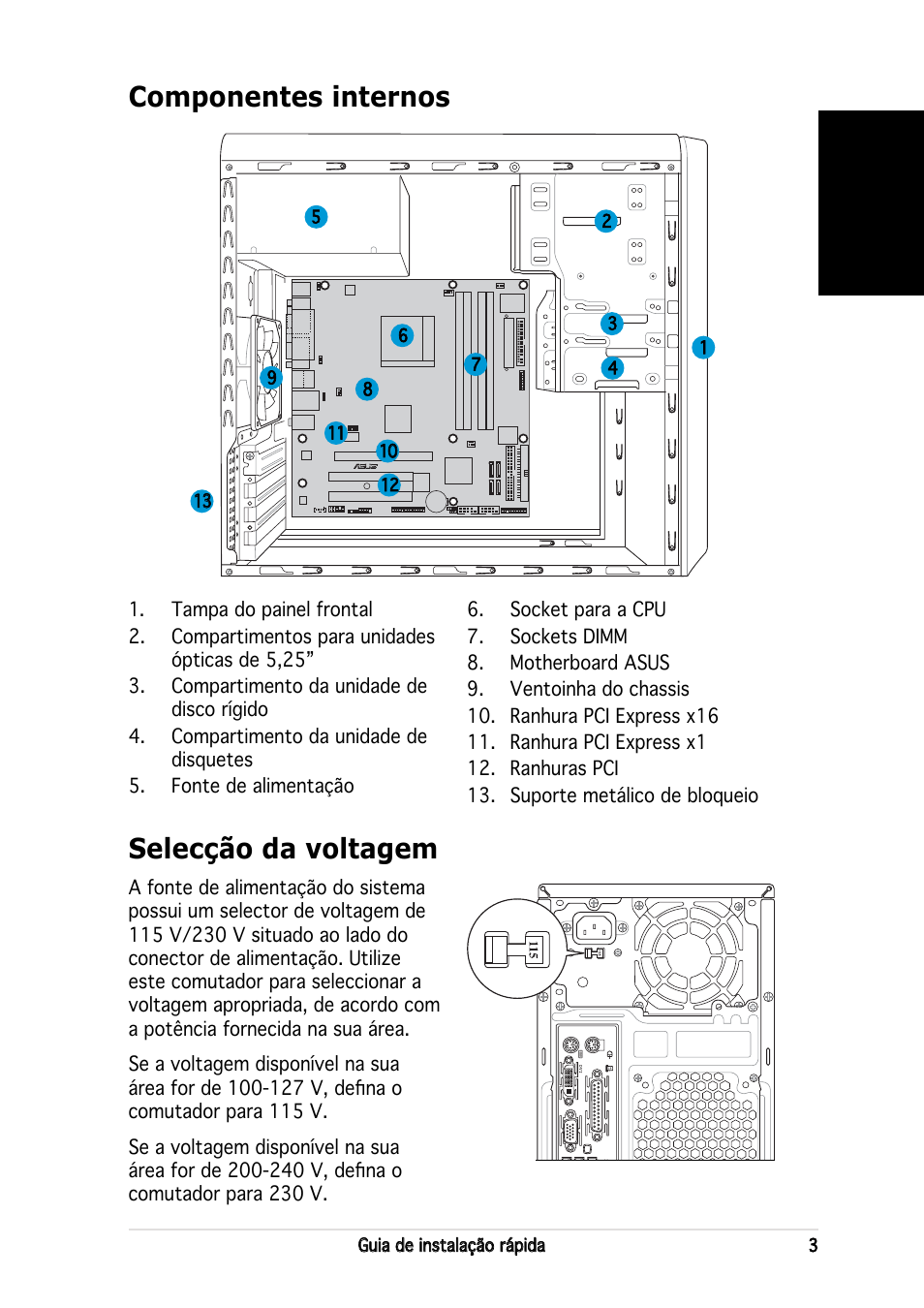 Componentes internos, Selecção da voltagem, Português | Asus V2-AH2 User Manual | Page 51 / 80