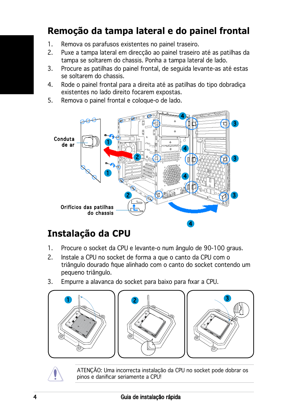 Remoção da tampa lateral e do painel frontal, Instalação da cpu, Português | Asus V2-AH2 User Manual | Page 52 / 80