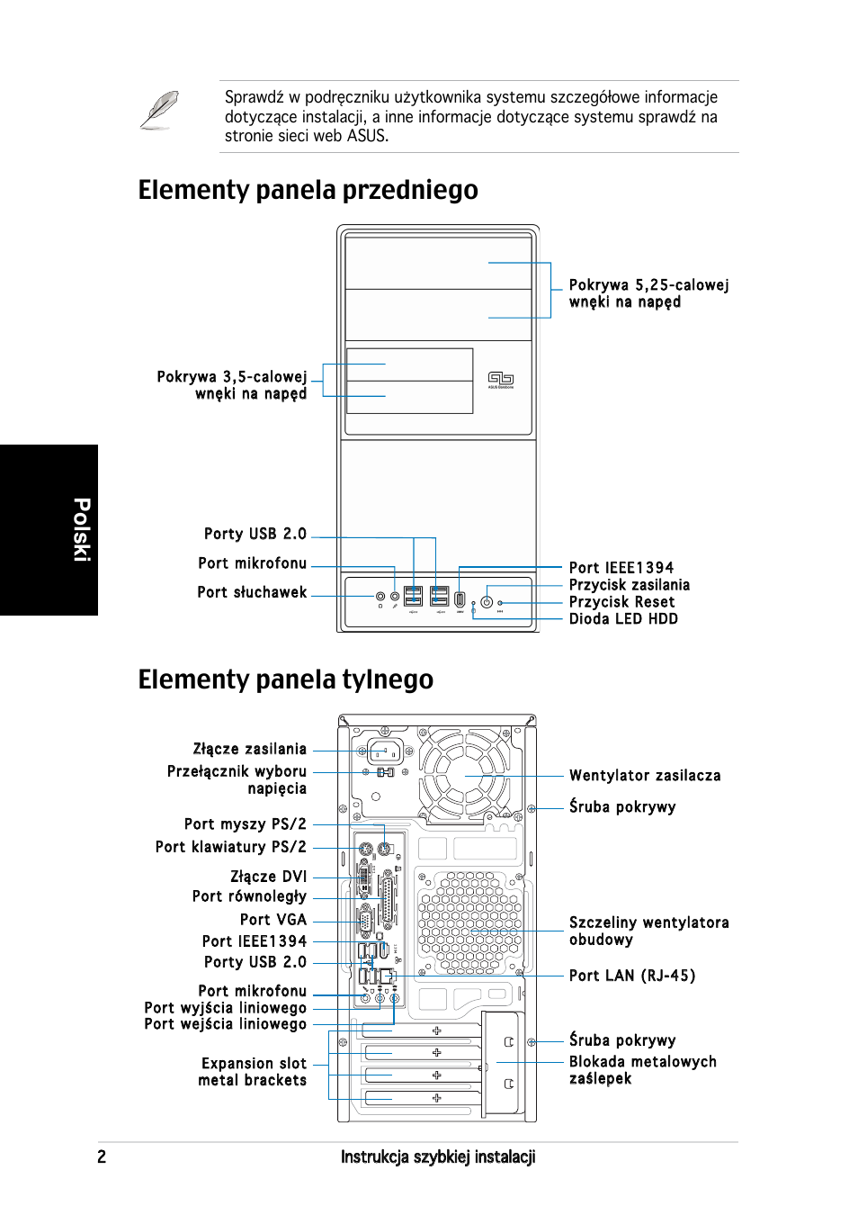 Elementy panela tylnego elementy panela przedniego, Polski | Asus V2-AH2 User Manual | Page 66 / 80