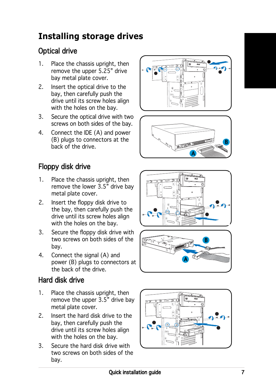 Installing storage drives, English, Optical drive | Floppy disk drive, Hard disk drive | Asus V2-AH2 User Manual | Page 7 / 80