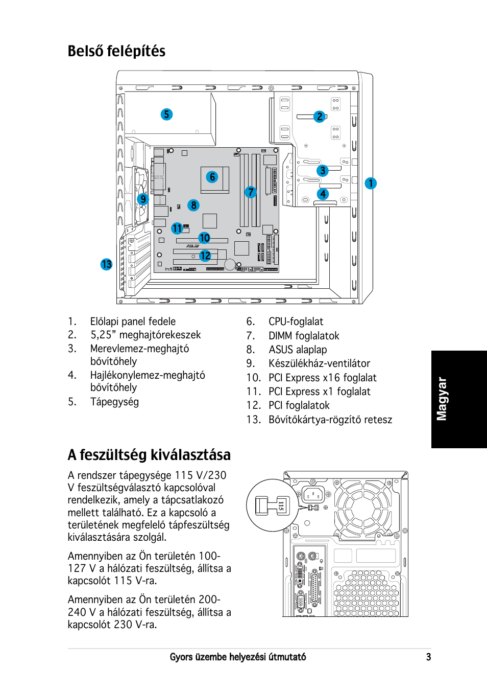 Belső felépítés, A feszültség kiválasztása, Magyar | Asus V2-AH2 User Manual | Page 75 / 80