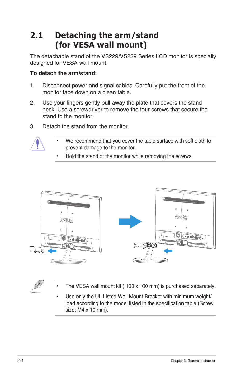 1 detaching the arm/stand (for vesa wall mount) | Asus VS239N User Manual | Page 14 / 25