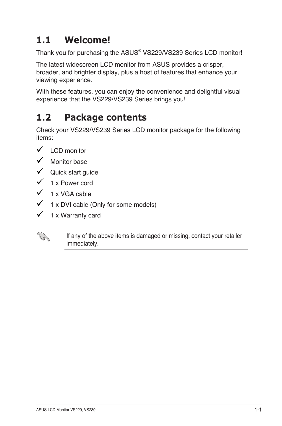 1 welcome, 2 package contents | Asus VS239N User Manual | Page 7 / 25