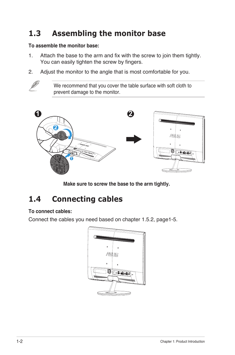 3 assembling the monitor base, 4 connecting cables | Asus VS239N User Manual | Page 8 / 25