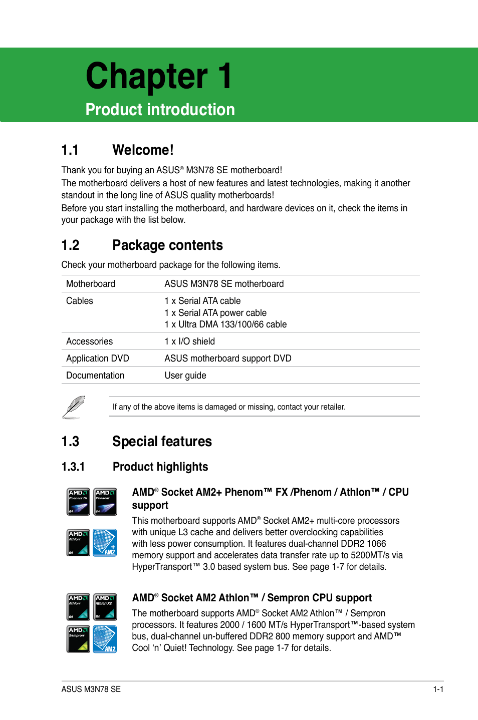 Chapter 1, Product introduction, 1 welcome | 2 package contents, 3 special features | Asus M3N78 SE User Manual | Page 11 / 60