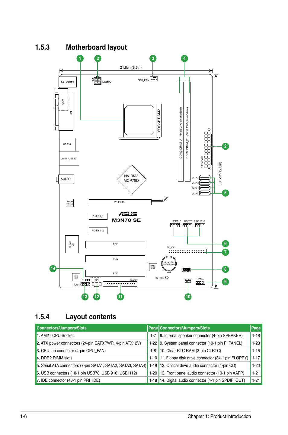 3 motherboard layout, 4 layout contents, 6 chapter 1: product introduction | Asus M3N78 SE User Manual | Page 16 / 60