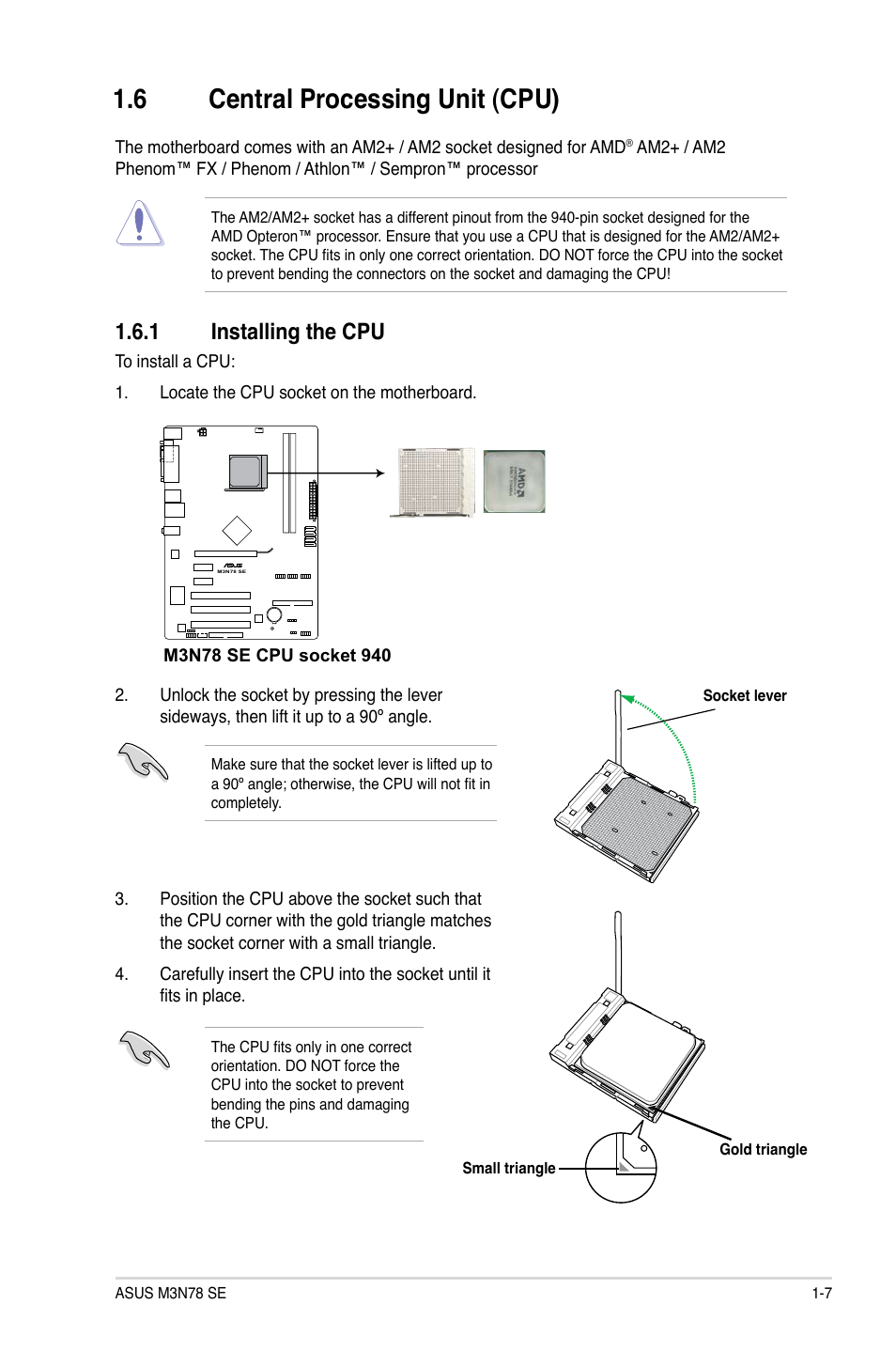 6 central processing unit (cpu), 1 installing the cpu | Asus M3N78 SE User Manual | Page 17 / 60