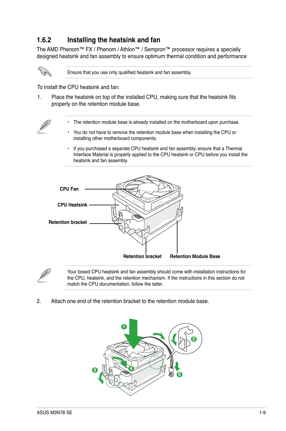 2 installing the heatsink and fan | Asus M3N78 SE User Manual | Page 19 / 60