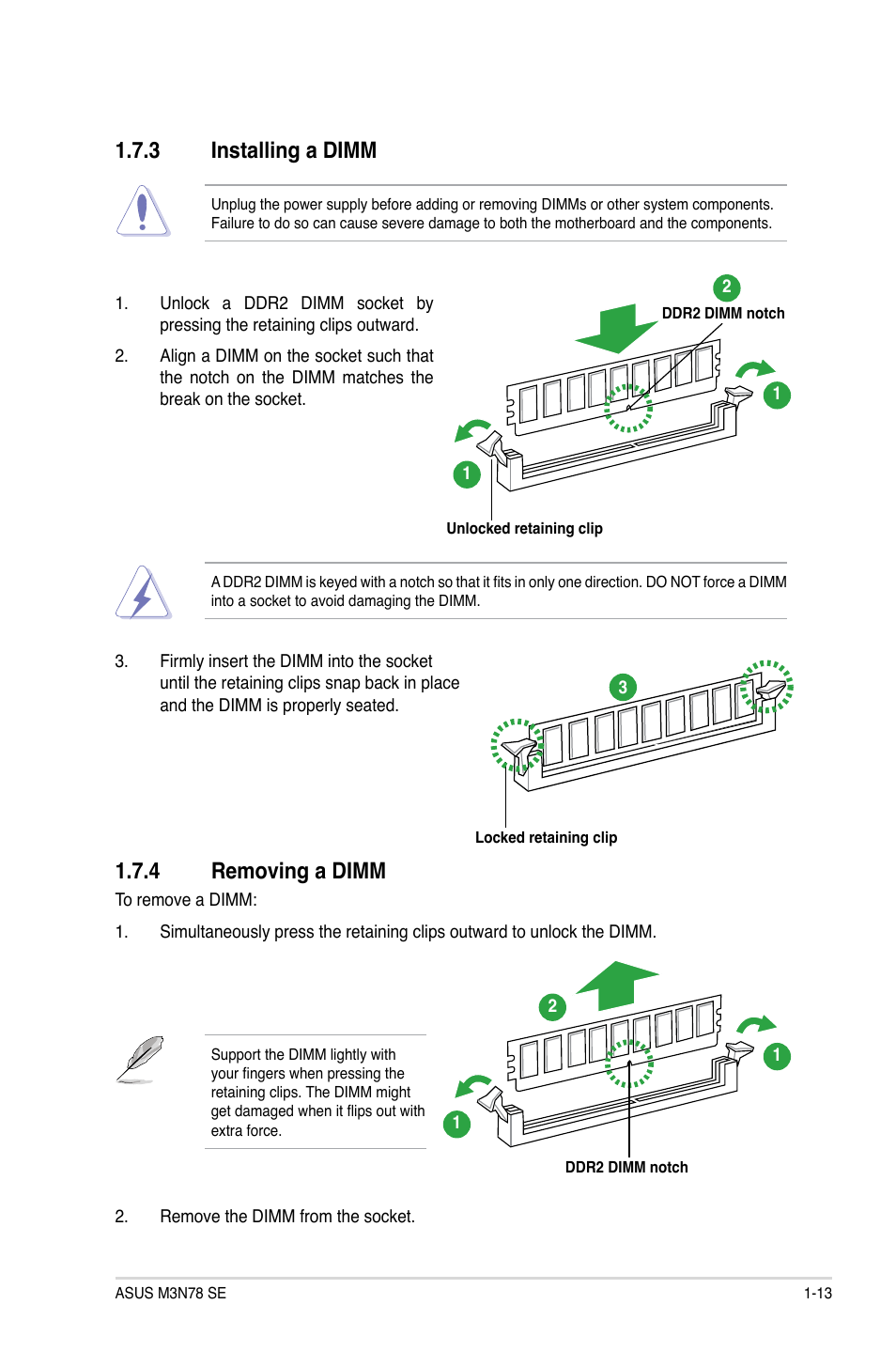 3 installing a dimm, 4 removing a dimm | Asus M3N78 SE User Manual | Page 23 / 60