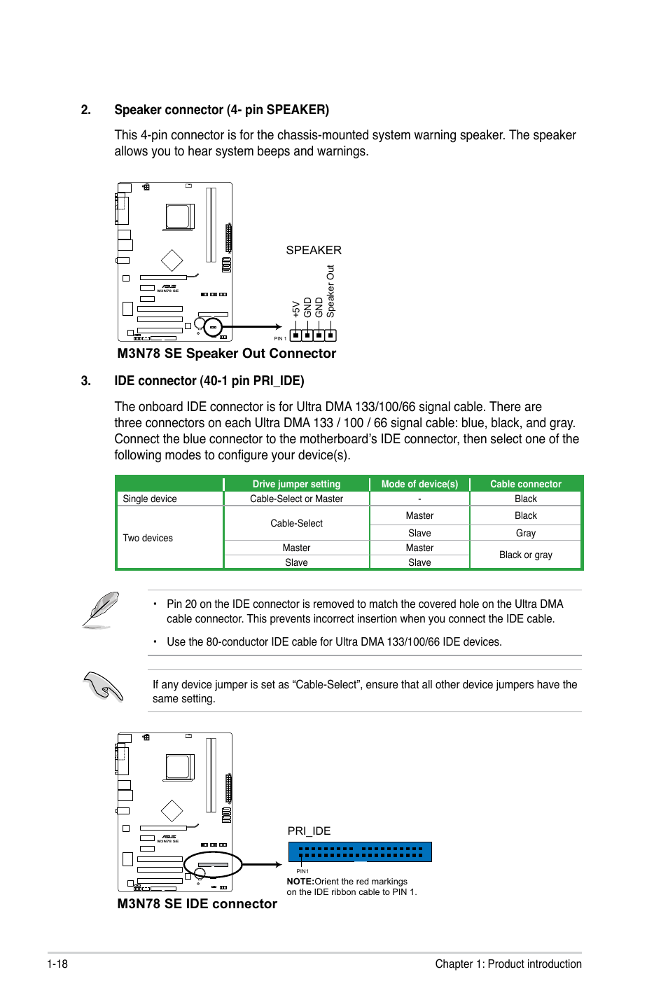 M3n78 se speaker out connector, M3n78 se ide connector | Asus M3N78 SE User Manual | Page 28 / 60