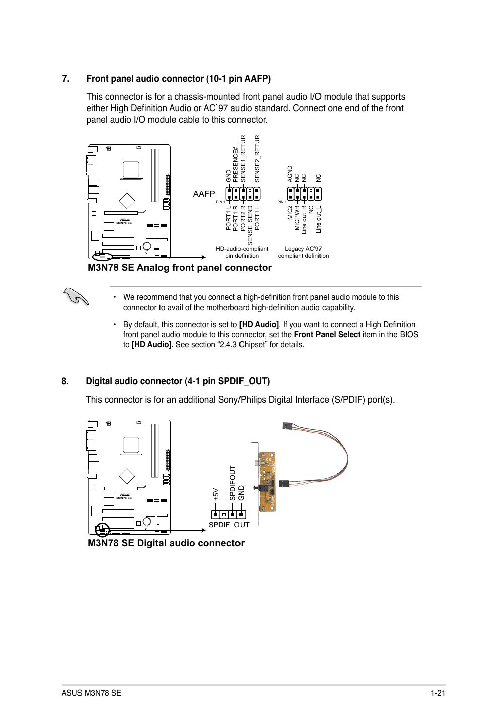 M3n78 se analog front panel connector, M3n78 se digital audio connector | Asus M3N78 SE User Manual | Page 31 / 60