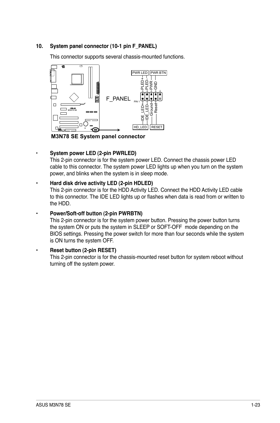 M3n78 se system panel connector, F_panel | Asus M3N78 SE User Manual | Page 33 / 60