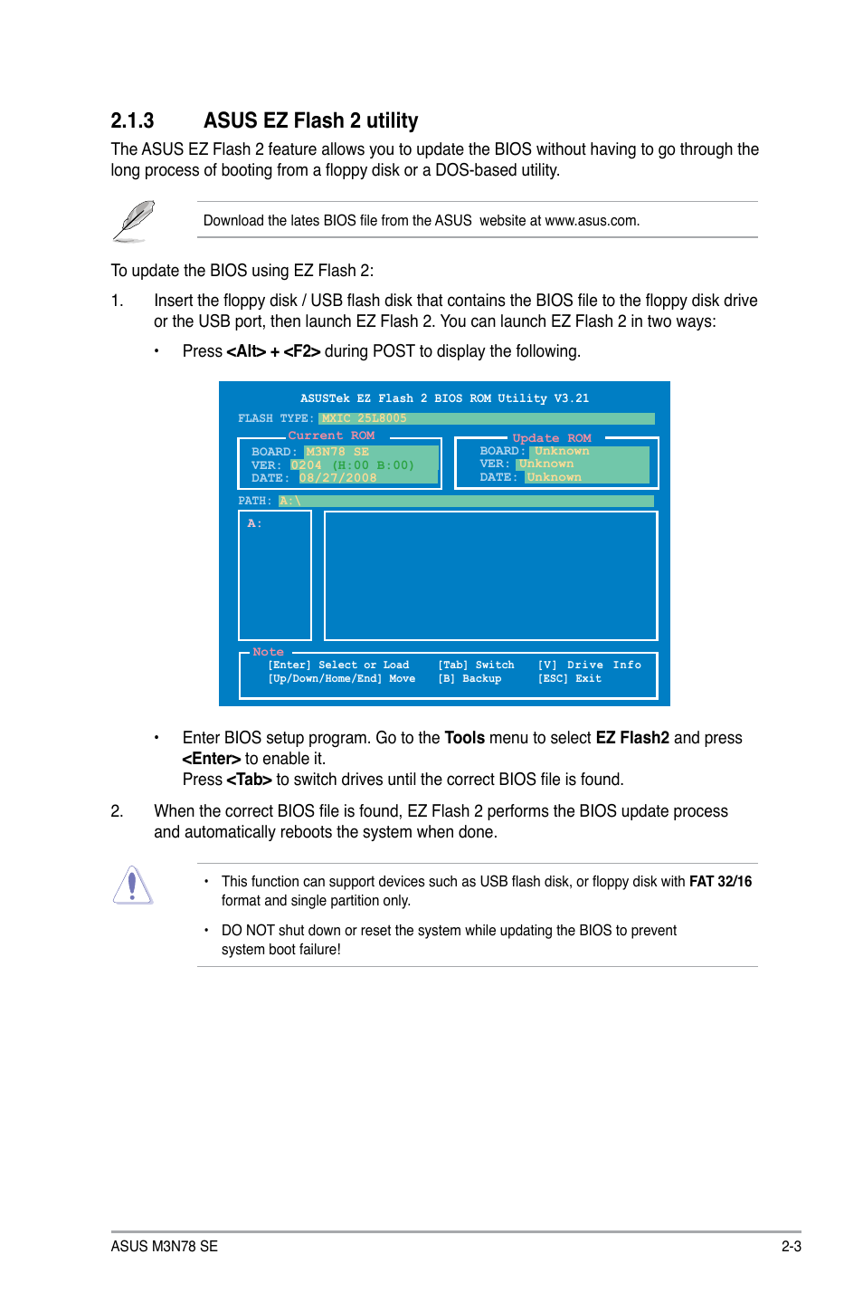 3 asus ez flash 2 utility | Asus M3N78 SE User Manual | Page 39 / 60