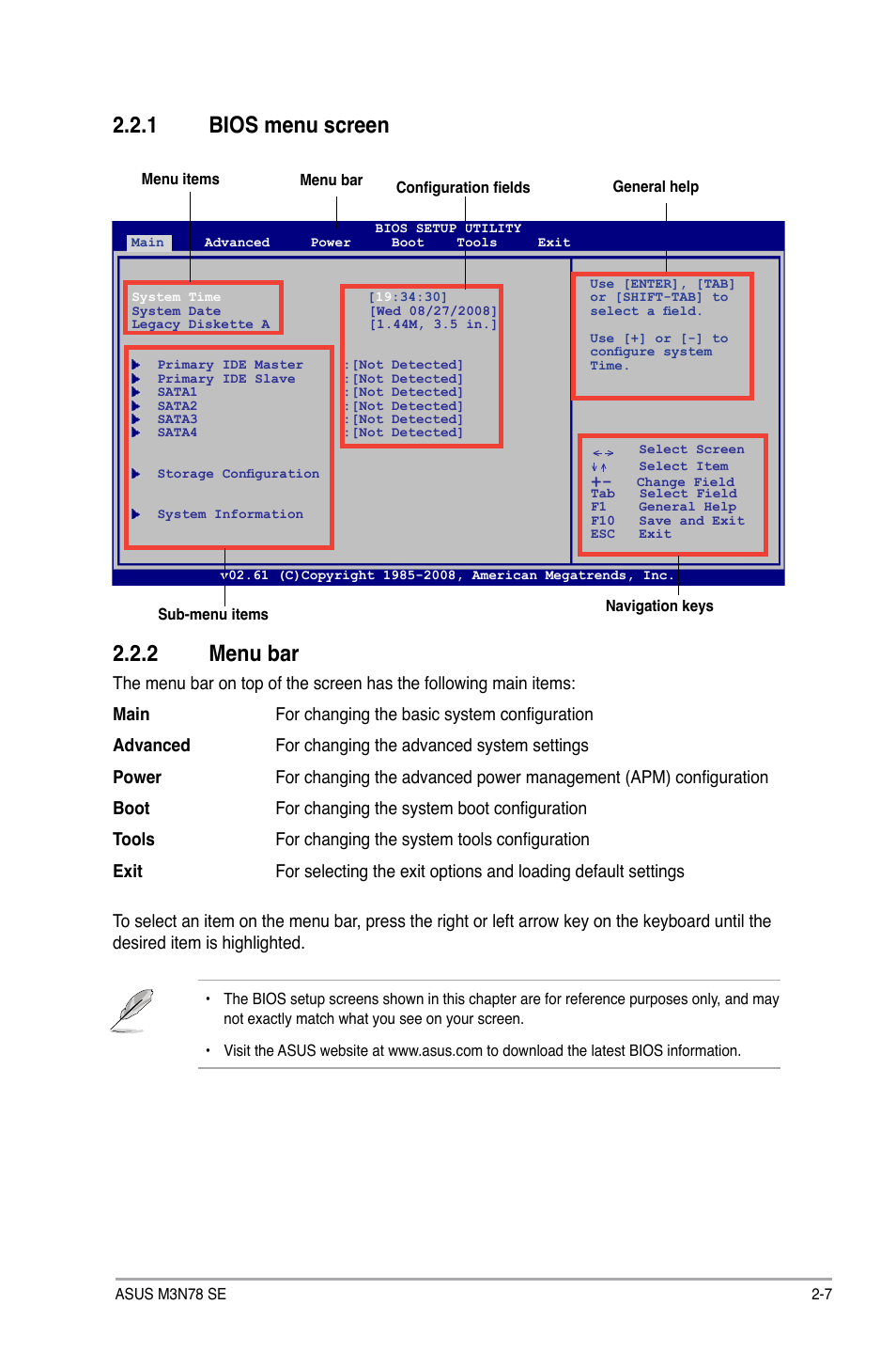 1 bios menu screen 2.2.2 menu bar | Asus M3N78 SE User Manual | Page 43 / 60