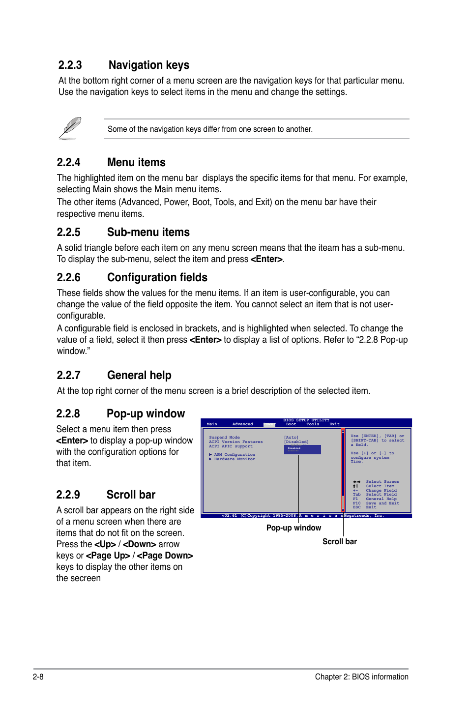 4 menu items, 5 sub-menu items, 6 configuration fields | 3 navigation keys, 7 general help, 8 pop-up window, 9 scroll bar | Asus M3N78 SE User Manual | Page 44 / 60